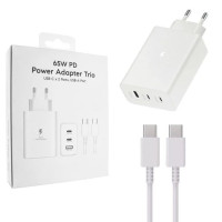 Мережевий зарядний пристрій Samsung Original 65W (2USB-C+USB-A) No Logo + кабель Type-C to Type-C- білий