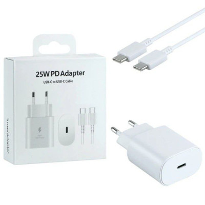 Мережевий зарядний пристрій Samsung Original USB-C 25W PD (No Logo)+ кабель Type-C to Type-C- білий Мережевий зарядний пристрій Samsung Original USB-C 25W PD (No Logo)+ кабель Type-C to Type-C- білий