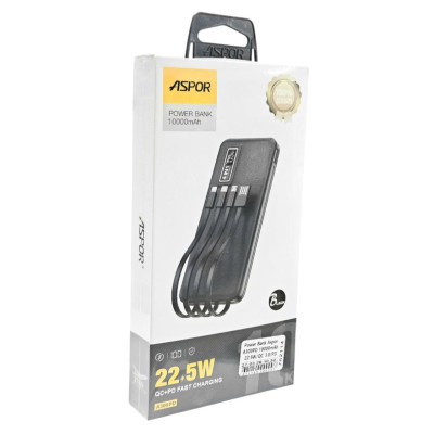 Power Bank Aspor A300PD 10000mAh (22.5W/QC 3.0/PD)+ cable USB/Micro/Lightning/Type-C- чорний
