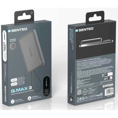Power Bank Senteo Q.MAX 3 Slim 10000mAh wireless (USB-C/15w) + cable Type-С- темно-сірий