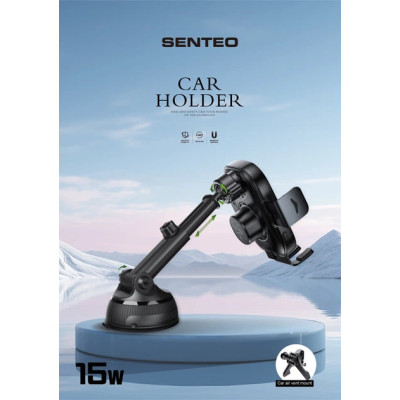 Holder (автотримач) Senteo SH-02 DRIFT 2 15W з бездротовою зарядкою (кріплення на скло, панель або решітку)- чорний