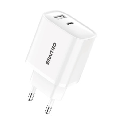 Мережевий зарядний пристрій Senteo T-02 (USB-C+USB-A PD20W) version2 (CE сертифікат)- білий Мережевий зарядний пристрій Senteo T-02 (USB-C+USB-A PD20W) version2 (CE сертифікат)- білий
