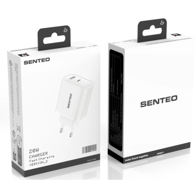 Мережевий зарядний пристрій Senteo T-02 (USB-C+USB-A PD20W) version2 (CE сертифікат)- білий