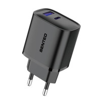 Мережевий зарядний пристрій Senteo T-04 (USB-C+USB-A PD25W/QC3.0 18W) version2 (CE сертифікат)- чорний Мережевий зарядний пристрій Senteo T-04 (USB-C+USB-A PD25W/QC3.0 18W) version2 (CE сертифікат)- чорний