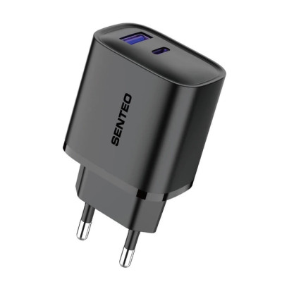 Мережевий зарядний пристрій Senteo T-04 (USB-C+USB-A PD25W/QC3.0 18W) version2 (CE сертифікат)- чорний