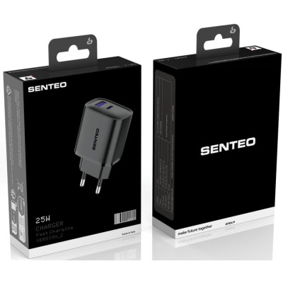 Мережевий зарядний пристрій Senteo T-04 (USB-C+USB-A PD25W/QC3.0 18W) version2 (CE сертифікат)- чорний
