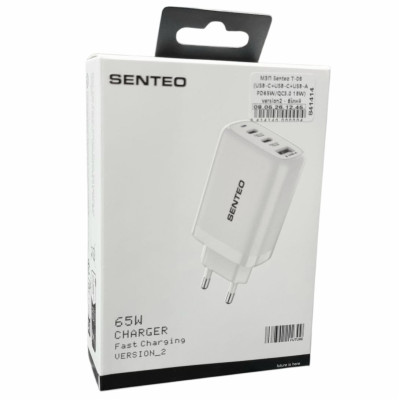 Мережевий зарядний пристрій Senteo T-08 (2USB-C+USB-A PD65W/QC3.0 18W) version2 (CE сертифікат)- білий