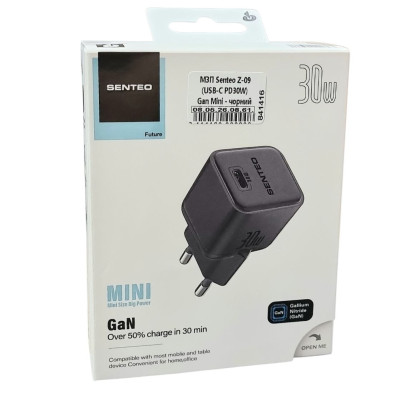 Мережевий зарядний пристрій Senteo Z-09 (USB-C PD30W) Gan Mini (CE сертифікат)- чорний