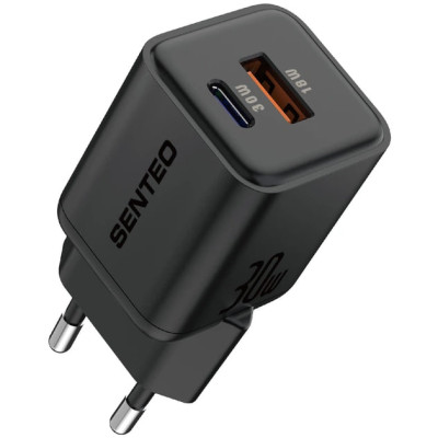 Мережевий зарядний пристрій Senteo Z-10 (USB-C+USB-A PD30W/GaN/QC3.0 18W) (CE сертифікат)- чорний