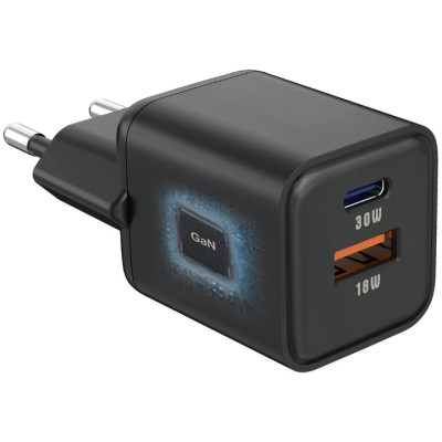 Мережевий зарядний пристрій Senteo Z-10 (USB-C+USB-A PD30W/GaN/QC3.0 18W) (CE сертифікат)- чорний