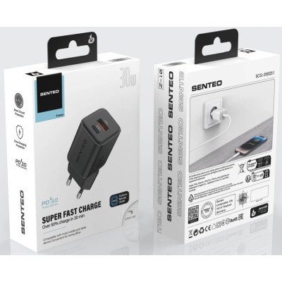 Мережевий зарядний пристрій Senteo Z-10 (USB-C+USB-A PD30W/GaN/QC3.0 18W) (CE сертифікат)- чорний