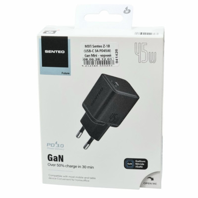 Мережевий зарядний пристрій Senteo Z-18 (USB-C 3A PD45W) Gan Mini (CE сертифікат)- чорний