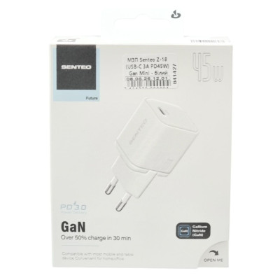 Мережевий зарядний пристрій Senteo Z-18 (USB-C 3A PD45W) Gan Mini (CE сертифікат)- білий