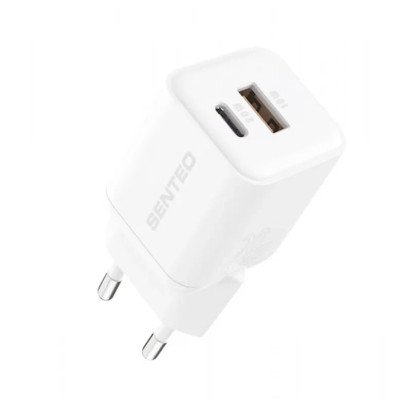 Мережевий зарядний пристрій Senteo Z-22 (USB-C+USB-A PD20W/GaN/QC3.0 18W) (CE сертифікат)- білий
