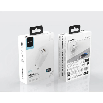 Мережевий зарядний пристрій Senteo Z-22 (USB-C+USB-A PD20W/GaN/QC3.0 18W) (CE сертифікат)- білий
