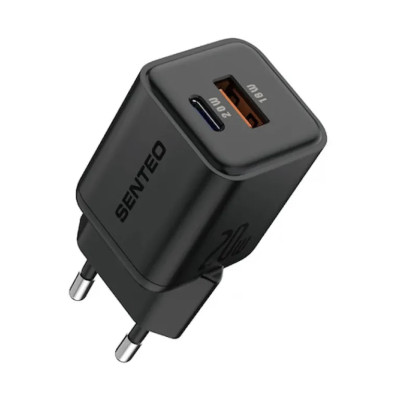 Мережевий зарядний пристрій Senteo Z-22 (USB-C+USB-A PD20W/GaN/QC3.0 18W) (CE сертифікат)- чорний