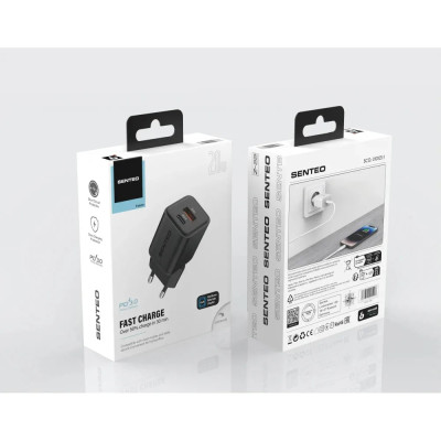 Мережевий зарядний пристрій Senteo Z-22 (USB-C+USB-A PD20W/GaN/QC3.0 18W) (CE сертифікат)- чорний