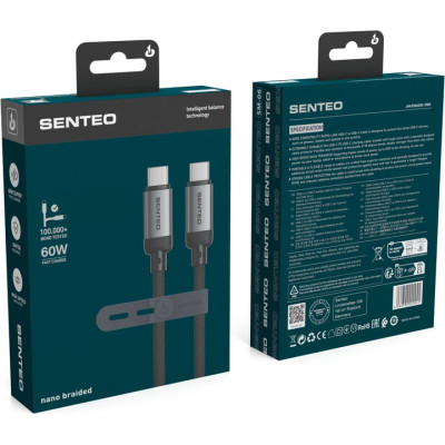 USB-C кабель Senteo SM-06 Nano braided 60W Type-C to Type-C 1м- чорний