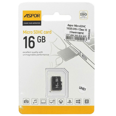 Карта пам`яті Aspor MicroSDHC 16GB UHS-I (Class 10) (тільки карта) Карта пам`яті Aspor MicroSDHC 16GB UHS-I (Class 10) (тільки карта)