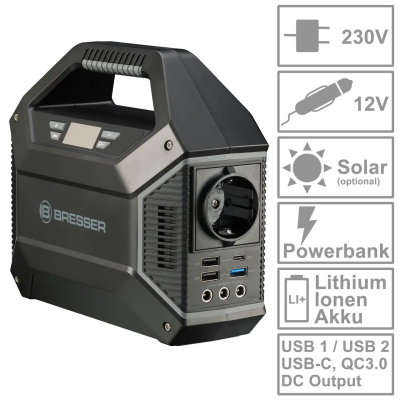 Зарядна станція Bresser Portable Power Supply 155Wh 100W USB AC DC переносний акумулятор + сонячна панель Зарядна станція Bresser Portable Power Supply 155Wh 100W USB AC DC переносний акумулятор + сонячна панель