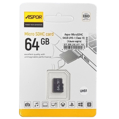 Карта пам`яті Aspor MicroSDHC 64GB UHS-I (Class 10) (тільки карта) Карта пам`яті Aspor MicroSDHC 64GB UHS-I (Class 10) (тільки карта)