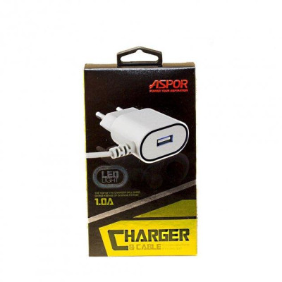Мережевий зарядний пристрій Aspor A802 (1USB/1A) LED + USB кабель Micro- білий Мережевий зарядний пристрій Aspor A802 (1USB/1A) LED + USB кабель Micro- білий