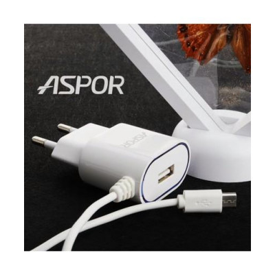 Мережевий зарядний пристрій Aspor A802 (1USB/1A) LED + USB кабель Micro- білий