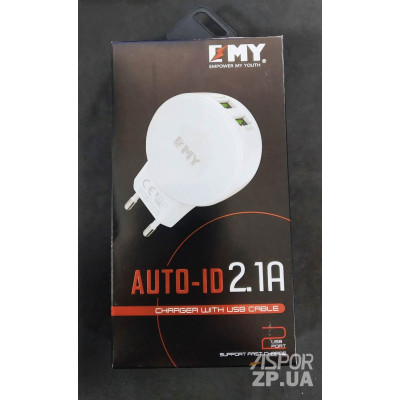 Мережевий зарядний пристрій EMY- MY-269 (2USB/2.1A) + USB кабель Lightning- білий