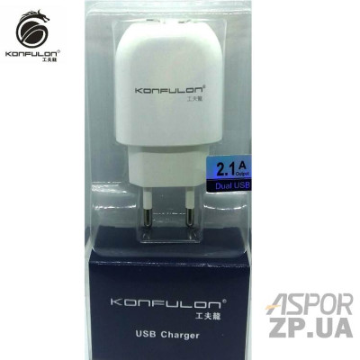 Мережевий зарядний пристрій Konfulon 2USB/2.1A (C16)- білий Мережевий зарядний пристрій Konfulon 2USB/2.1A (C16)- білий