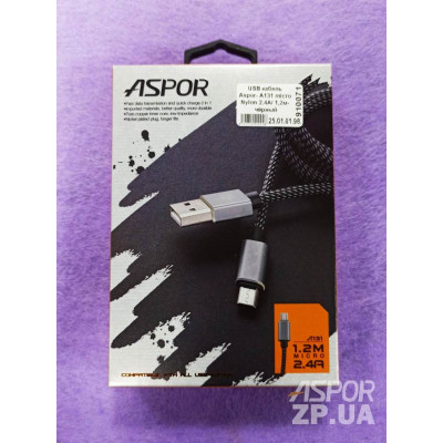 USB кабель Aspor A131 Micro Nylon 2.4A/1.2м- чорний USB кабель Aspor A131 Micro Nylon 2.4A/1.2м- чорний