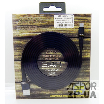USB кабель Aspor A135 Micro Плоский Nylon 2.4A/1.2м- сірий USB кабель Aspor A135 Micro Плоский Nylon 2.4A/1.2м- сірий