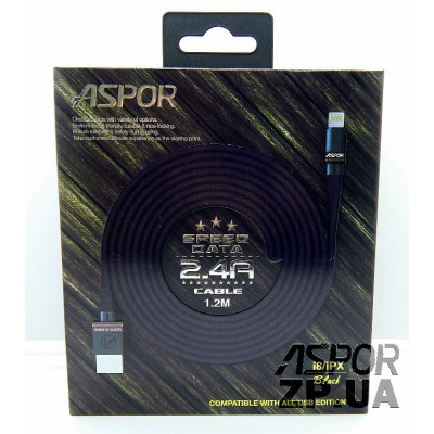 USB кабель Aspor A136 Lightning Плоский Nylon 2.4A/1.2м- чорний USB кабель Aspor A136 Lightning Плоский Nylon 2.4A/1.2м- чорний