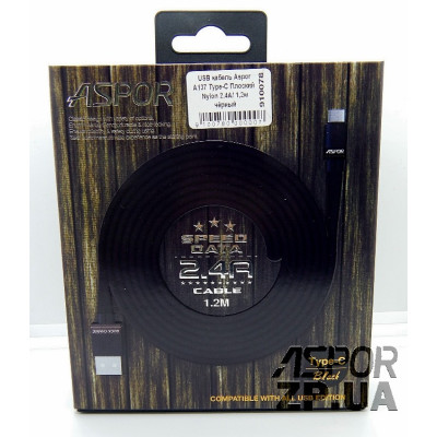 USB кабель Aspor A137 Type-C Плоский Nylon 2.4A/1.2м- чорний USB кабель Aspor A137 Type-C Плоский Nylon 2.4A/1.2м- чорний