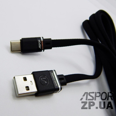 USB кабель Aspor A137 Type-C Плоский Nylon 2.4A/1.2м- чорний