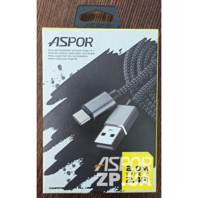 USB кабель Aspor A133L Type-C 2.1A/2м- графіт USB кабель Aspor A133L Type-C 2.1A/2м- графіт