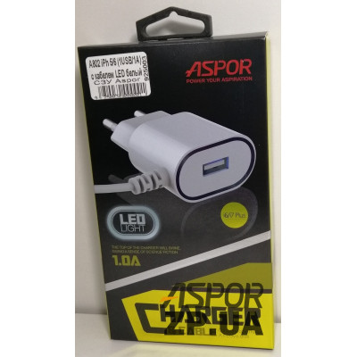 Мережевий зарядний пристрій Aspor A802 (1USB/1A) LED + USB кабель Lightning- білий Мережевий зарядний пристрій Aspor A802 (1USB/1A) LED + USB кабель Lightning- білий