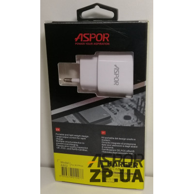 Мережевий зарядний пристрій Aspor A802 (1USB/1A) LED + USB кабель Lightning- білий Мережевий зарядний пристрій Aspor A802 (1USB/1A) LED + USB кабель Lightning- білий