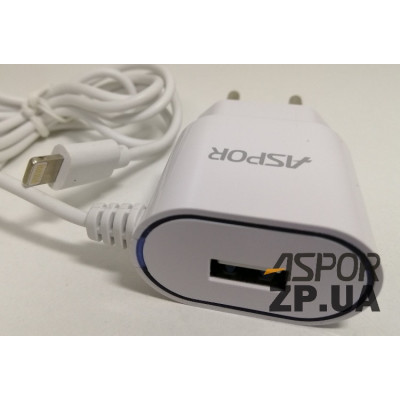 Мережевий зарядний пристрій Aspor A802 (1USB/1A) LED + USB кабель Lightning- білий Мережевий зарядний пристрій Aspor A802 (1USB/1A) LED + USB кабель Lightning- білий
