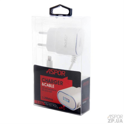 Мережевий зарядний пристрій Aspor A802 (1USB/1A) LED + USB кабель Lightning- білий Мережевий зарядний пристрій Aspor A802 (1USB/1A) LED + USB кабель Lightning- білий