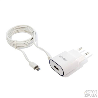 Мережевий зарядний пристрій Aspor A802 (1USB/1A) LED + USB кабель Lightning- білий Мережевий зарядний пристрій Aspor A802 (1USB/1A) LED + USB кабель Lightning- білий