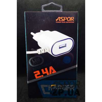 Мережевий зарядний пристрій Aspor A802 Plus (1USB/2.4A) LED + USB кабель Micro- білий Мережевий зарядний пристрій Aspor A802 Plus (1USB/2.4A) LED + USB кабель Micro- білий