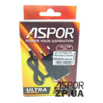 Мережевий зарядний пристрій Aspor F14 Ultra Series 2.1A/2USB + USB кабель Micro- чорний Мережевий зарядний пристрій Aspor F14 Ultra Series 2.1A/2USB + USB кабель Micro- чорний