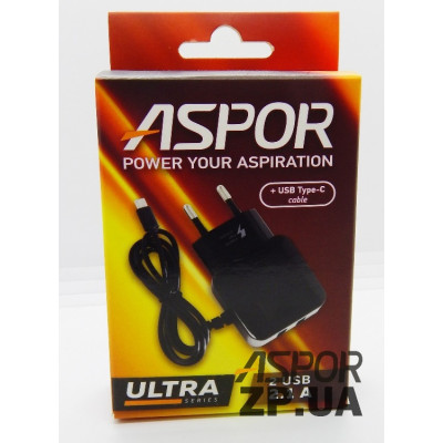 Мережевий зарядний пристрій Aspor F14 Ultra Series 2.1A/2USB + USB кабель Type-C- чорний Мережевий зарядний пристрій Aspor F14 Ultra Series 2.1A/2USB + USB кабель Type-C- чорний