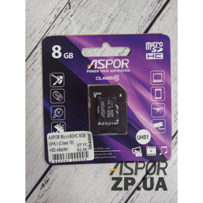 Карта пам`яті Aspor MicroSDHC 8GB UHS-I (Class 10) + SD adapter Карта пам`яті Aspor MicroSDHC 8GB UHS-I (Class 10) + SD adapter